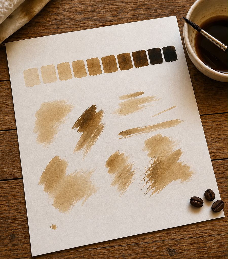 A sheet of coffee value swatches from light to dark with loose practice brush strokes, beside a cup of coffee, a brush, and coffee beans on a wooden table.