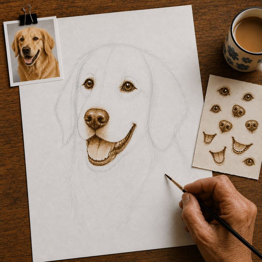 A practice sheet of painted eyes, noses, and open mouths in coffee, next to a corgi portrait in progress with the face detailed and the coat still in outline, a reference photo clipped above, and a cup of coffee nearby.