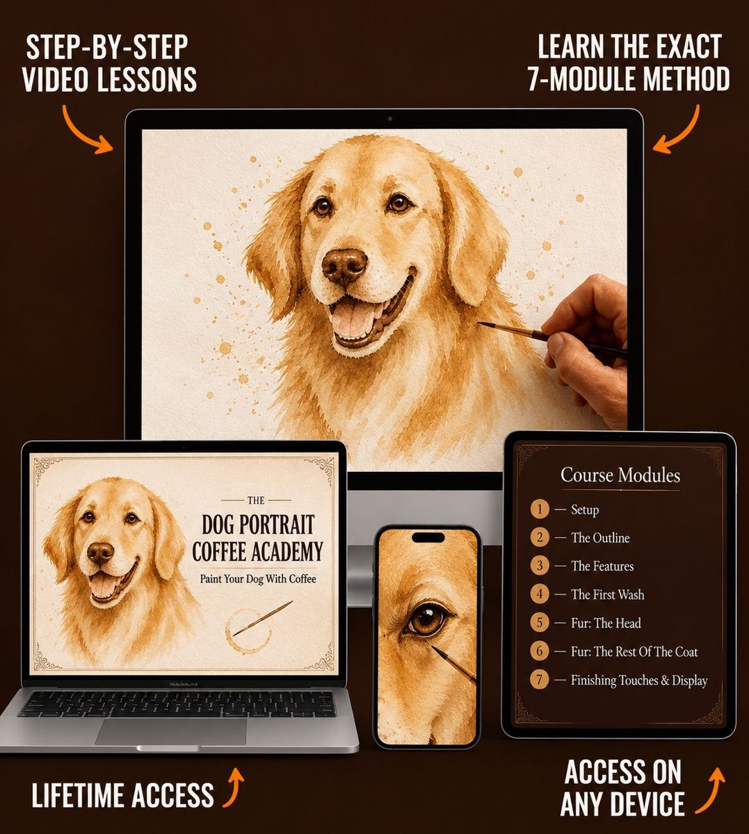 The Dog Portrait Coffee Academy course shown on a desktop, laptop, tablet and phone