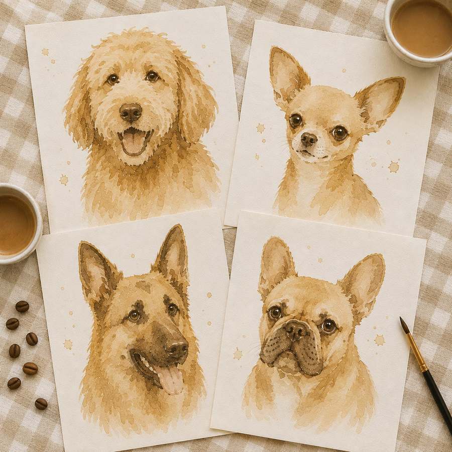 Four coffee-painted dog portraits of different breeds - goldendoodle, chihuahua, german shepherd and french bulldog - on watercolour paper beside cups of coffee.