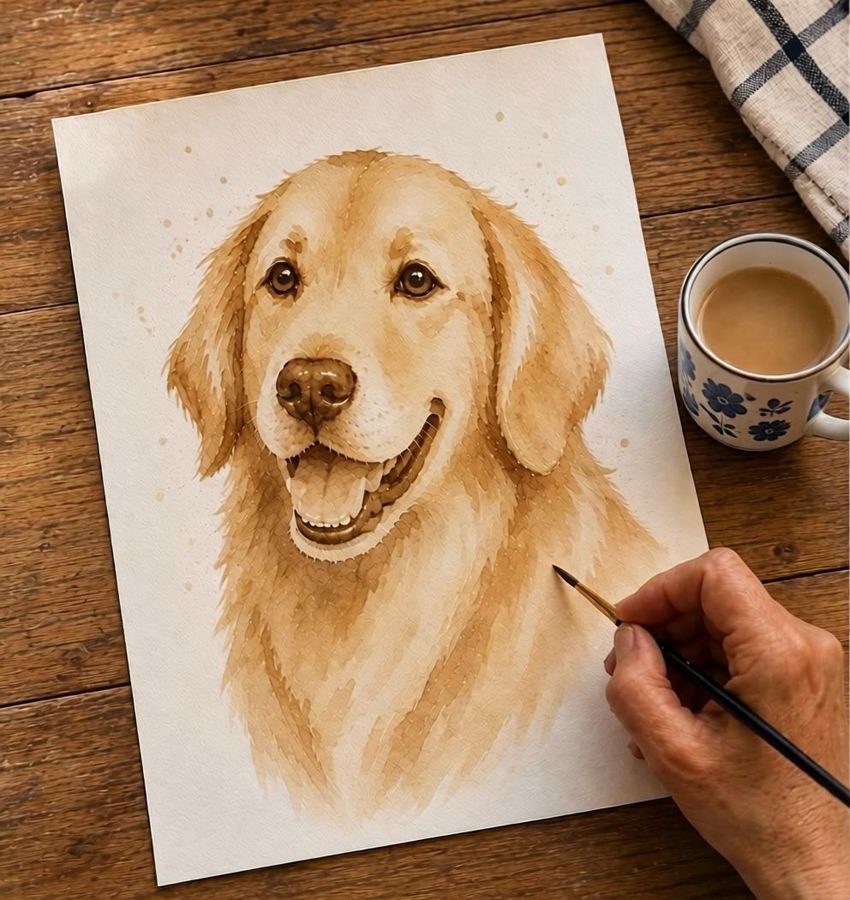 A fully finished corgi portrait in coffee with deep shadows, full fur texture, and loose coffee splatter details near the ears, with a hand painting and a cup of coffee nearby.