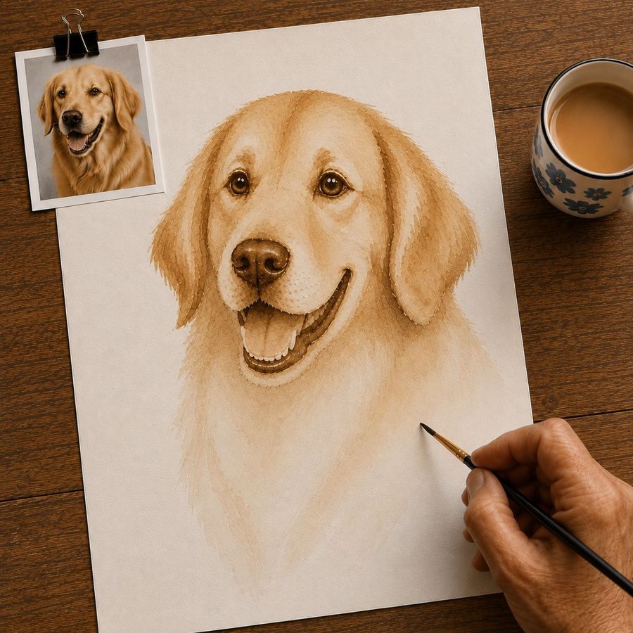 A corgi portrait in coffee with the head and ears fully covered in fine fur texture, while the neck and chest below are still a soft, unfinished wash, with a hand painting and a cup of coffee nearby.