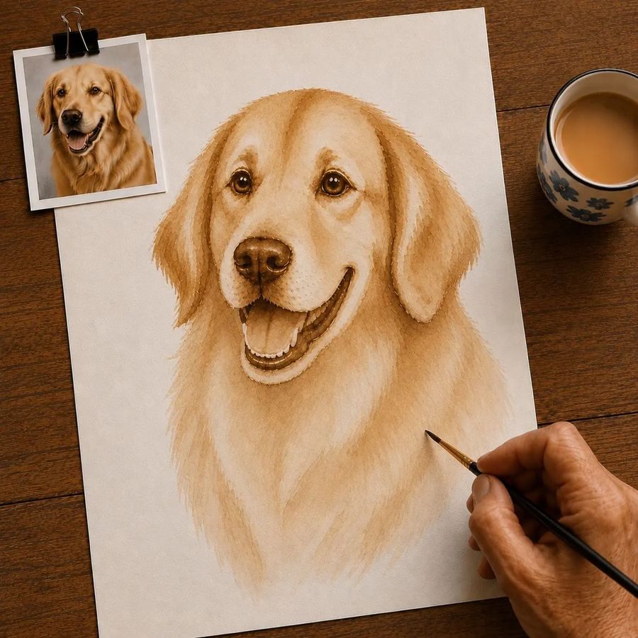 A finished corgi portrait in coffee with fine fur texture fully covering the head, ears, neck, and chest, with a hand painting and a cup of coffee nearby.