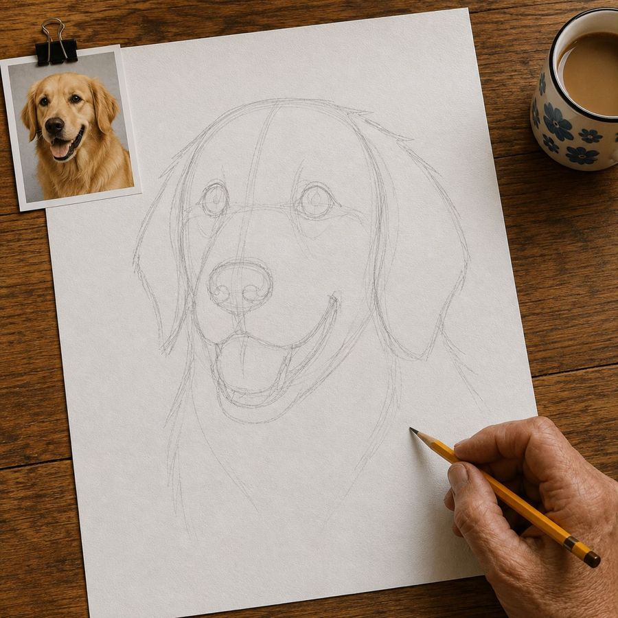 A light pencil sketch of a corgi's head and ears in progress, with a printed reference photo of the corgi clipped to the top of the page, a hand holding a pencil, and a cup of coffee nearby.