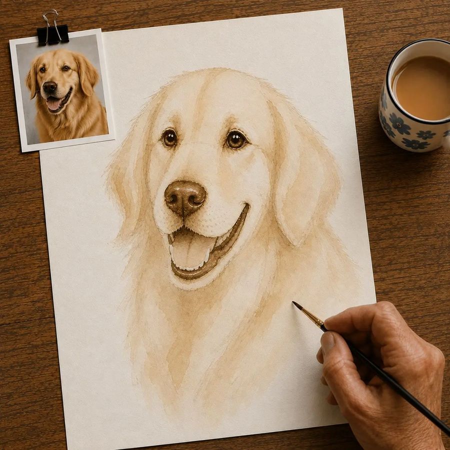 A corgi portrait with a single light coffee wash applied over the whole sketch, with the eyes, nose, and mouth carefully defined in fine linework, while the ears and coat remain soft and untextured.