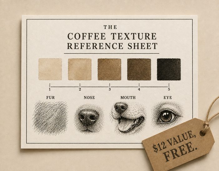A printed reference sheet titled The Coffee Texture Reference Sheet, showing a five-step coffee value scale and illustrated studies of dog fur, nose, mouth, and eye, with a kraft paper tag reading $12 value, free.